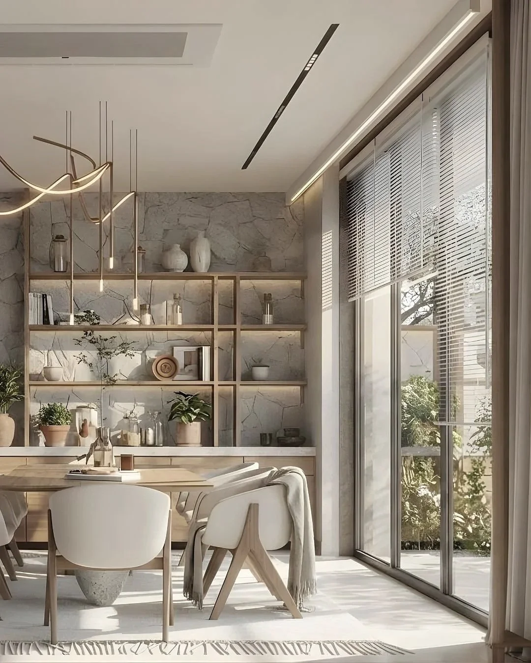 A modern dining room with a large wooden table, white chairs, and a built-in wooden shelf decorated with plants, vases, and books. Large glass sliding doors with blinds open to a sunny outdoor space.