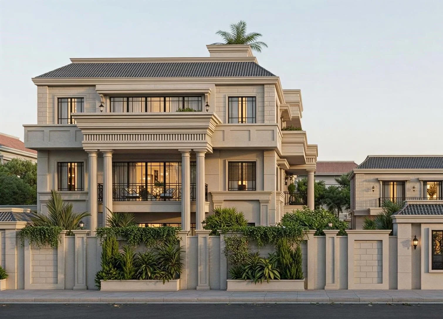 A large, luxurious three-story house with a stone exterior, columns at the entrance, and a balcony. The house is surrounded by a stone wall with greenery and plants. There are three people walking on the sidewalk in front of the house, and trees are visible on the sides.