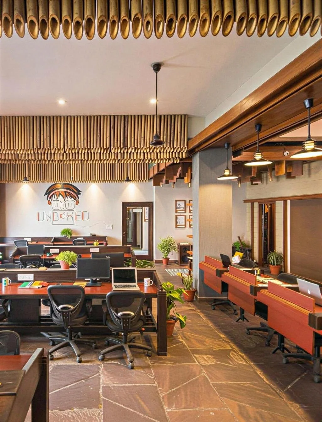 Modern office with work desks, chairs, laptops, and plants, featuring wooden ceiling accents and a logo on the wall.