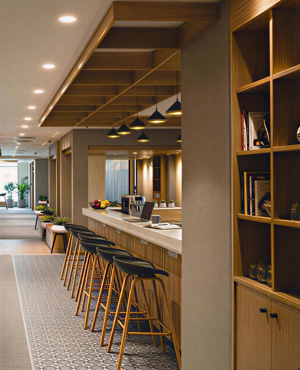 Modern hotel lobby with a kitchenette area featuring a long white counter, black bar stools, and a ceiling with wooden paneling and hanging black pendant lights.
