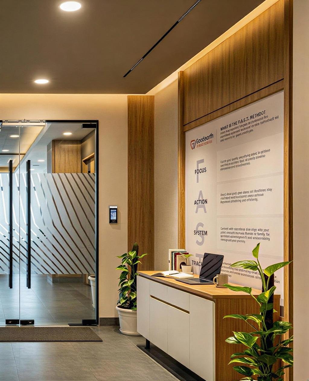 Office reception area with a wooden desk, potted plants, and a sign on the wall explaining the company's brand purpose with the words FOCUS, ACTION, SYSTEM, and TRACK.