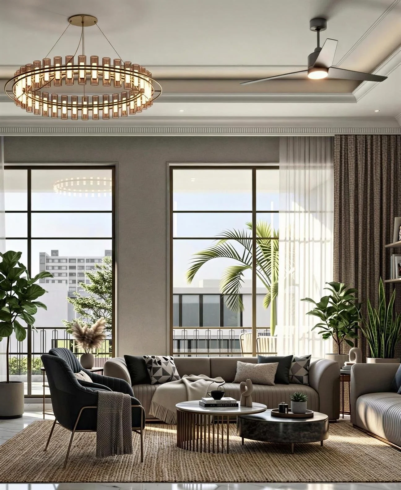 Bright living room with large windows, sheer curtains, modern furniture, and potted plants.