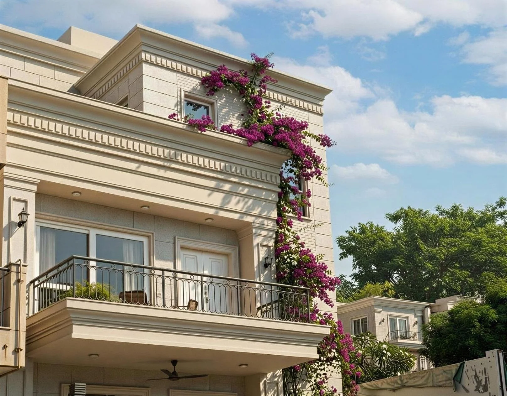 A modern multi-story house with cream-colored exterior walls, decorated with purple bougainvillaea climbing along the balcony railing and around the window. The house features a balcony with black metal railing, large windows, and a ceiling fan. The sky is blue with scattered clouds and there is greenery in the background.