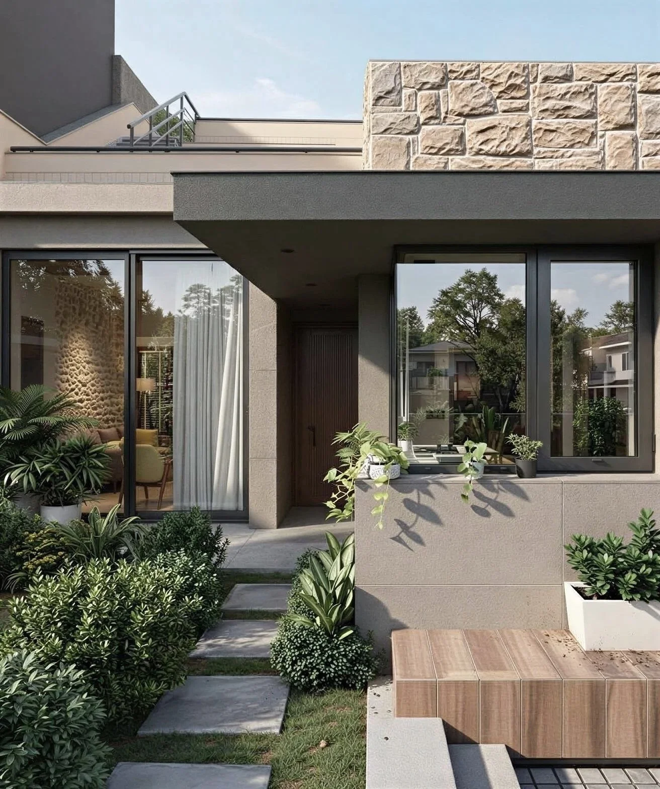 Modern house exterior with large windows, lush green plants, and stone and concrete architectural details.