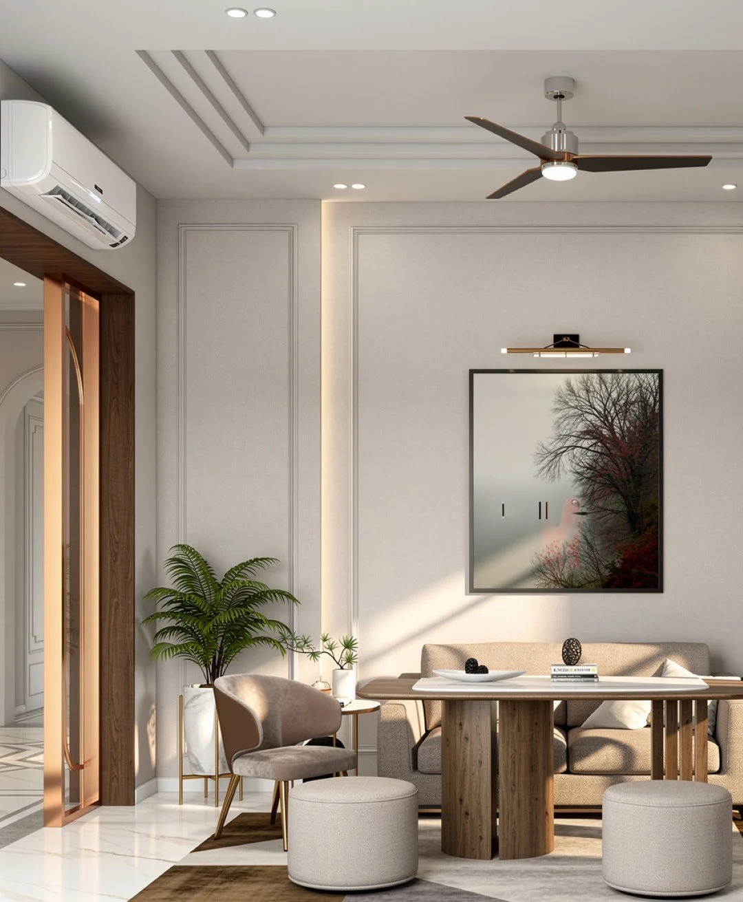 Modern living room with beige walls, a ceiling fan, a wall-mounted air conditioner, a large mirror reflecting a tree outside, a beige sofa, a round wooden table, a gray armchair, an ottoman, and green plants.