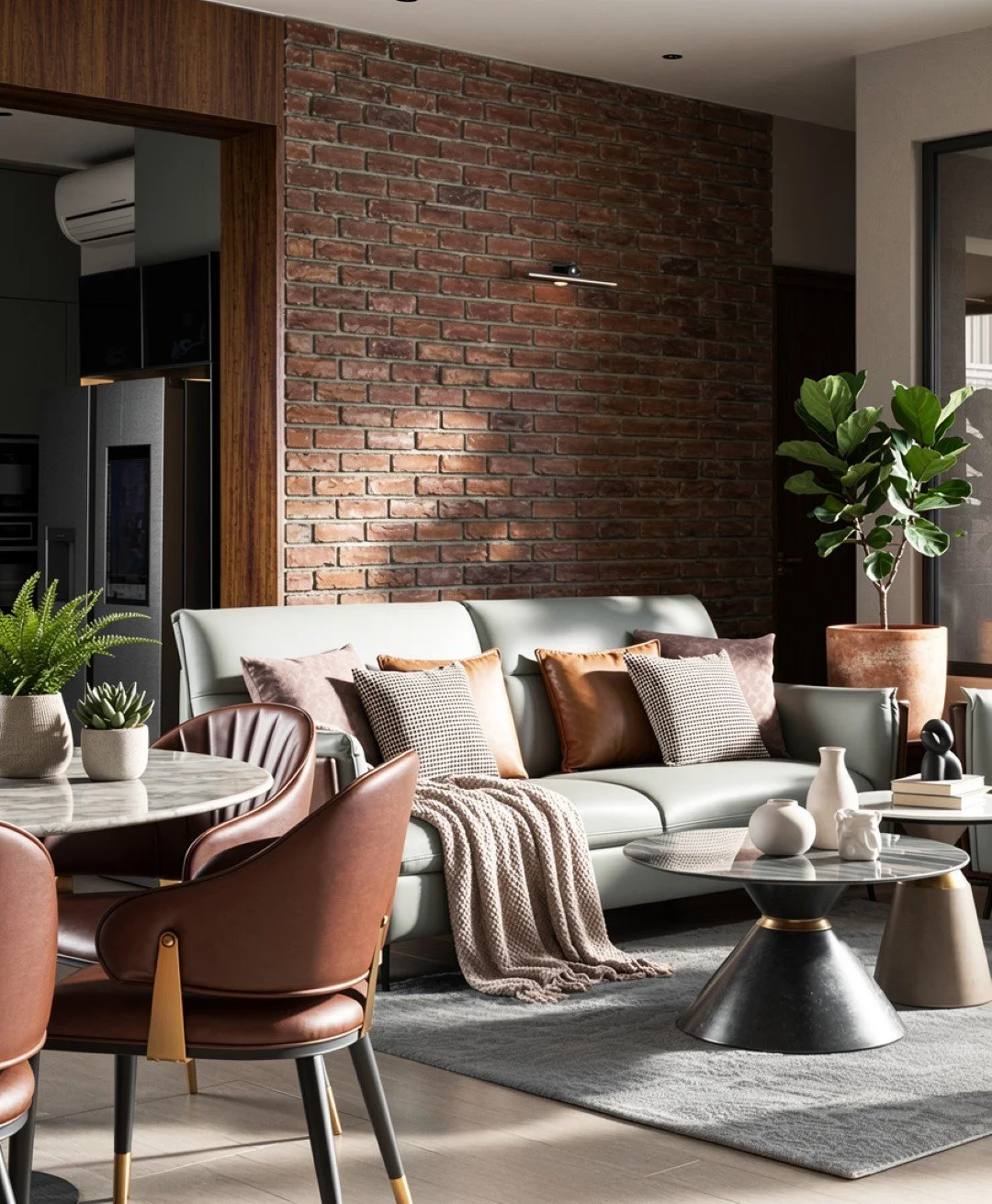 Interior of a modern living room with brick wall, gray sofa decorated with various cushions, a potted plant, and a woman walking past.