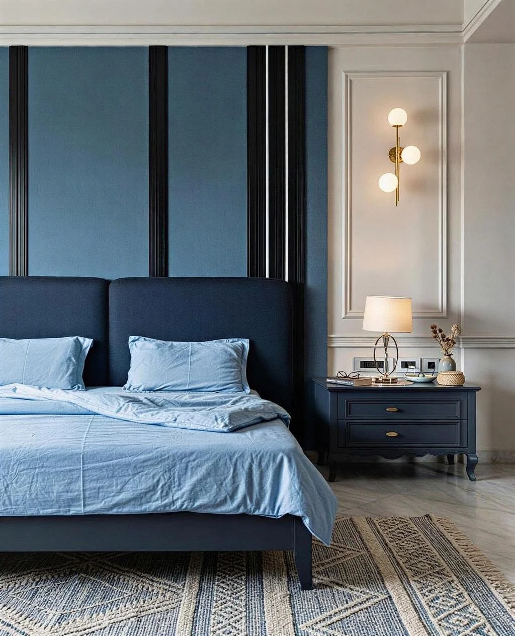 A bedroom with a dark blue bed, light blue pillows, and white bedding. There is a nightstand with a lamp and decorative items. The wall features modern lighting and vertical paneling.