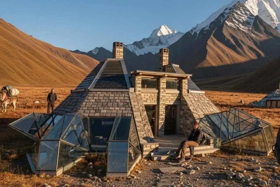 A unique house with glass sections in a mountainous landscape, snowy peaks in the background, a person sitting outside, and a person with a pack horse nearby.