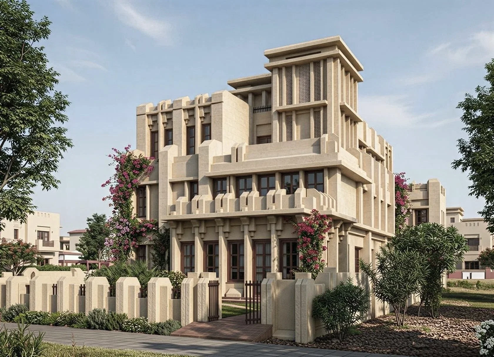 Multi-story beige modern house with geometric architectural features, surrounded by a garden with plants and trees, and a small gates at the front entrance.