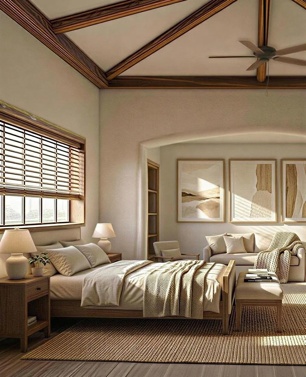 A bright, cozy bedroom with large windows with wooden blinds, a bed with white linens and pillows, a wooden nightstand with lamps on each side, and a sitting area with a sofa, armchair, and abstract artwork on the walls.