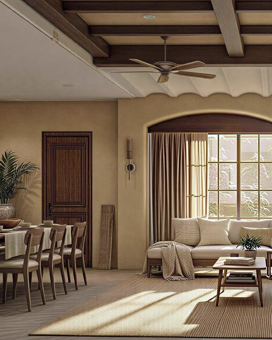 A living room with a beige sofa, coffee table, and large window with curtains. A dining table with chairs is on the left, and a wooden door is in the background. The ceiling has exposed beams, a ceiling fan, and recessed lighting.
