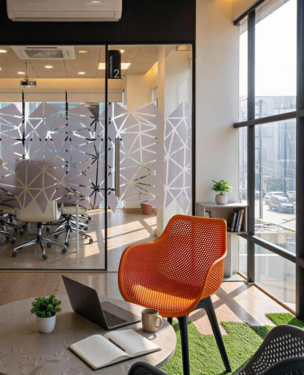 Modern office interior with glass walls, orange chair, laptop, green plant, and large windows showing city street outside.