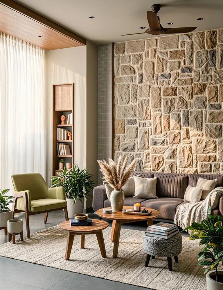 Living room with a stone accent wall, beige sofa, green armchair, round wooden coffee tables, plants, and a ceiling fan.