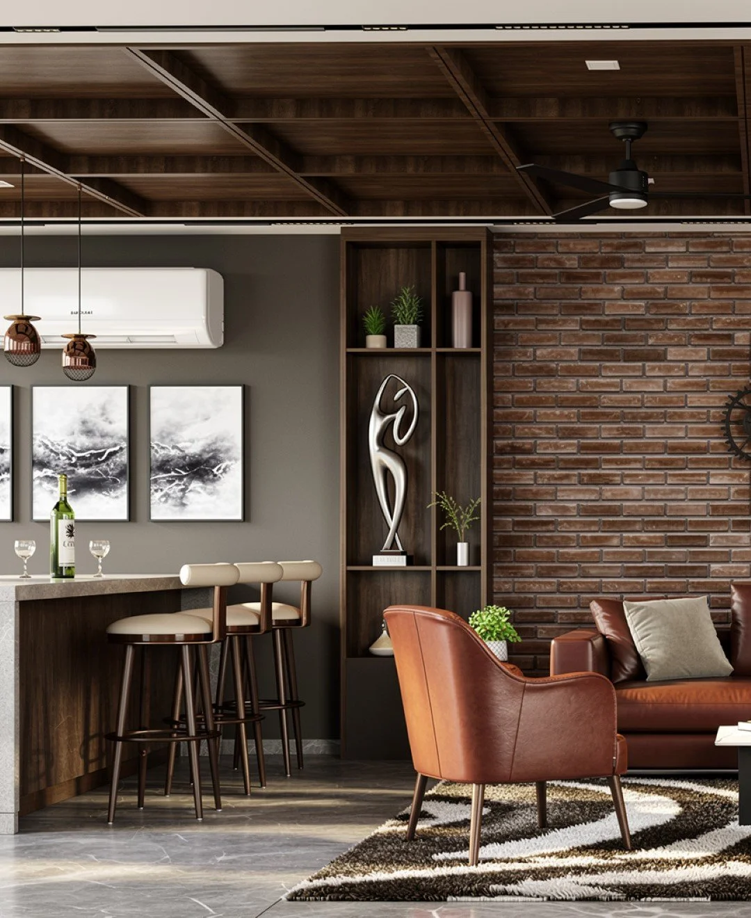 Living room with exposed brick wall, wooden ceiling, leather armchair, and a couch with pillows; design elements include a decorative sculpture, framed artwork, and green plants.