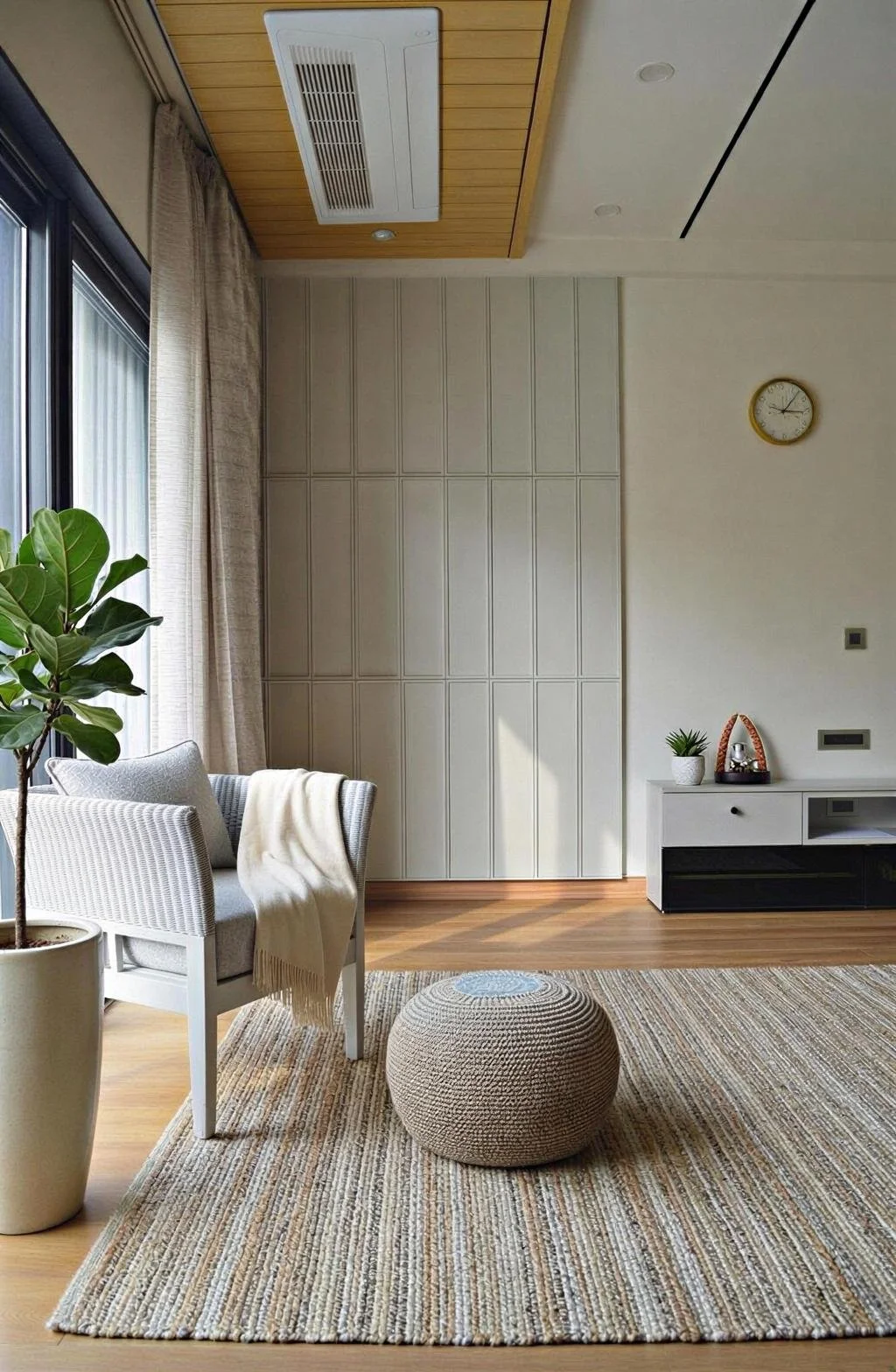 Living room with a large window, beige curtains, a potted plant, a white armchair with a blanket, a woven ottoman, a rug, a wall-mounted clock, and a white cabinet with decorative items.