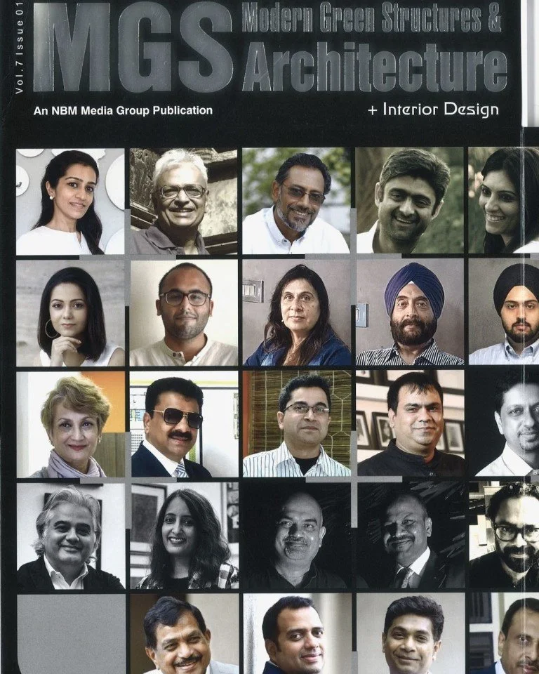 Cover of Modern Green Structures & Architecture magazine with photos of multiple diverse architects and designers, some in color and some in black and white, arranged in a grid layout.