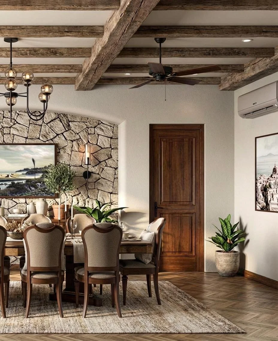 A dining room with a wooden ceiling, a ceiling fan, a closed wooden door, and a stone accent wall. There is a wooden dining table with six beige upholstered chairs, a patterned rug, a framed botanical print on the wall, a basin with stones, a woven b
