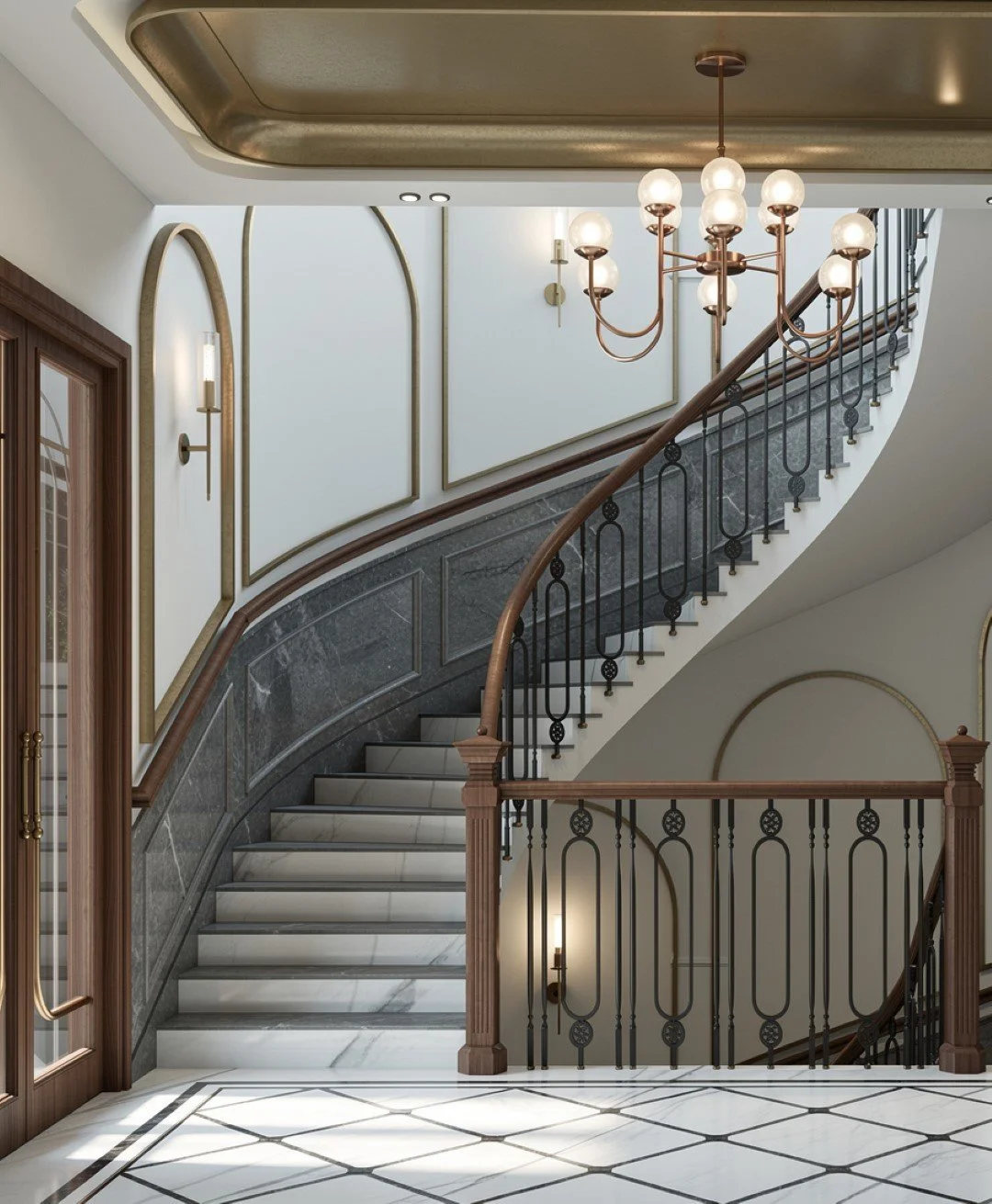 Elegant staircase with marble steps, wooden handrails, ornate black metal balusters, and warm wall lighting in a luxurious interior.