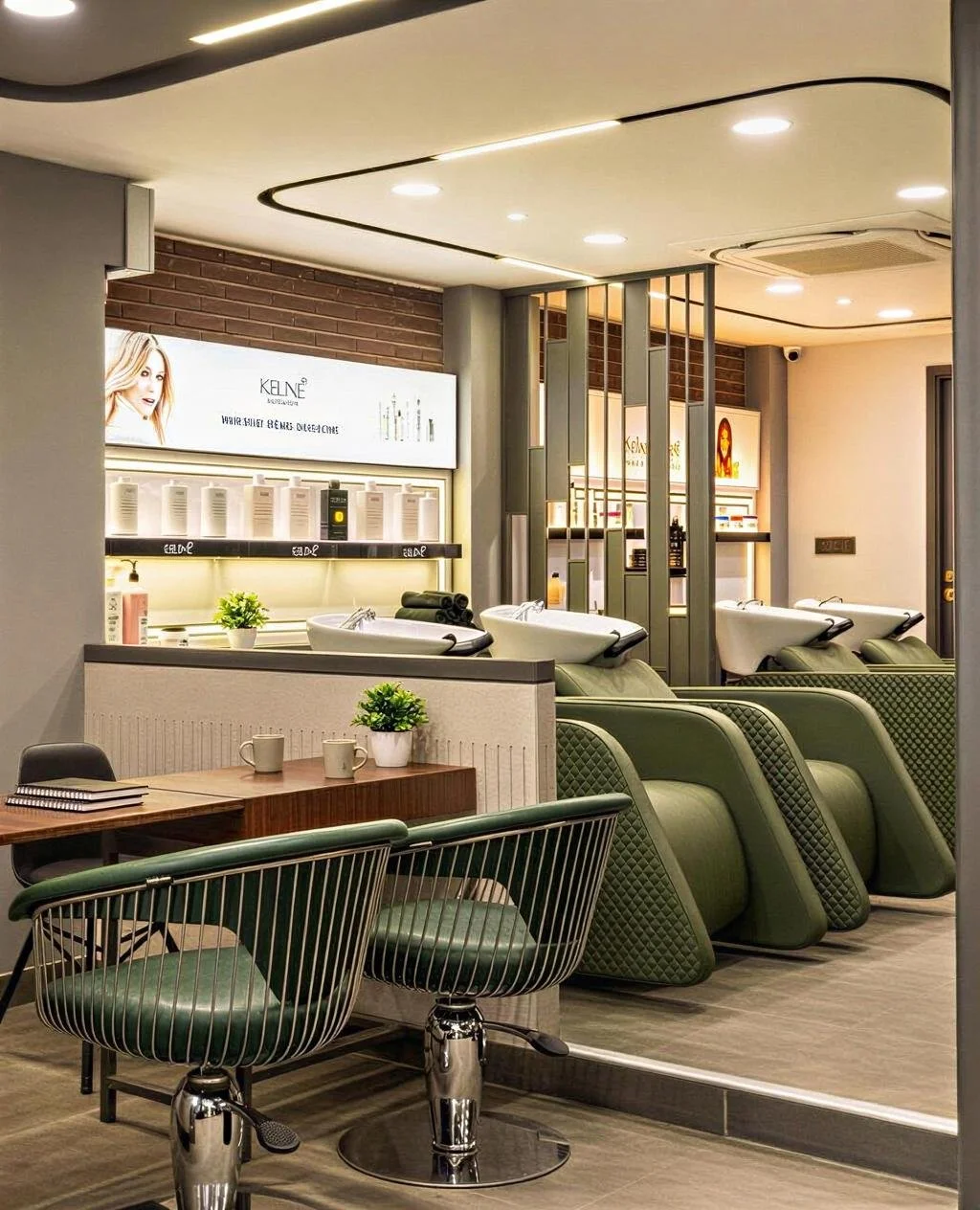 Interior of a modern hair salon with green chairs, white shampoo bowls, a small table with potted plants and coffee mugs, and shelves with hair products and advertisements.
