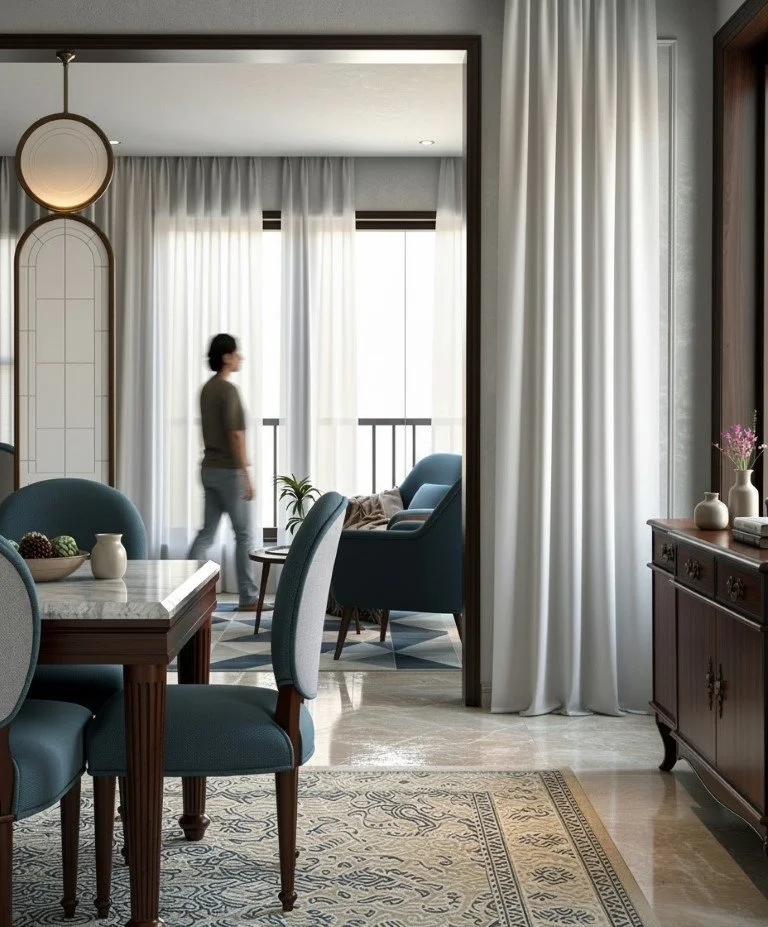 A living room with a dining table, chairs, a black sideboard with vases, and a sitting area with blue chairs and decorative pillows. A person is walking past a window with curtains.