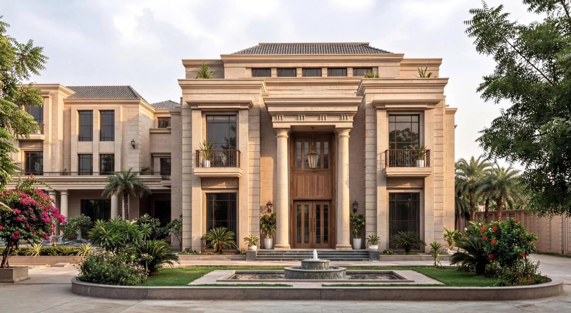 Luxury mansion with grand entrance and landscaped garden with fountain