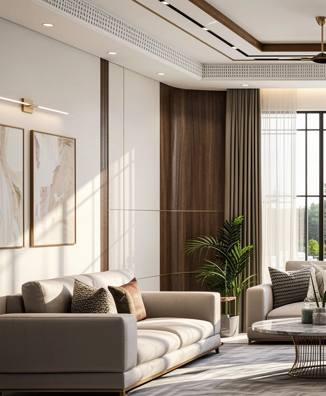 Bright, contemporary living room with white sofa, potted plant, wooden accents, and large window with sheer curtains.