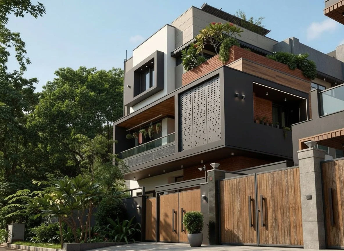 Modern multi-story house with a mix of concrete, wood, and metal exterior, surrounded by greenery, with a gated entrance and potted plants.