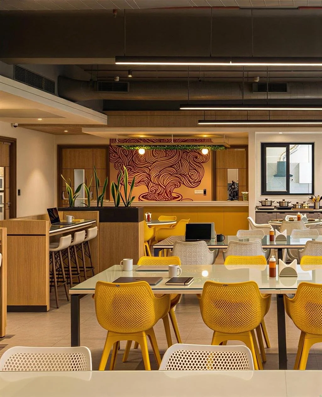 Modern restaurant interior with yellow and white chairs, a long counter with barstools, a mural in the background, and various tables set with mugs, condiments, and cutlery.