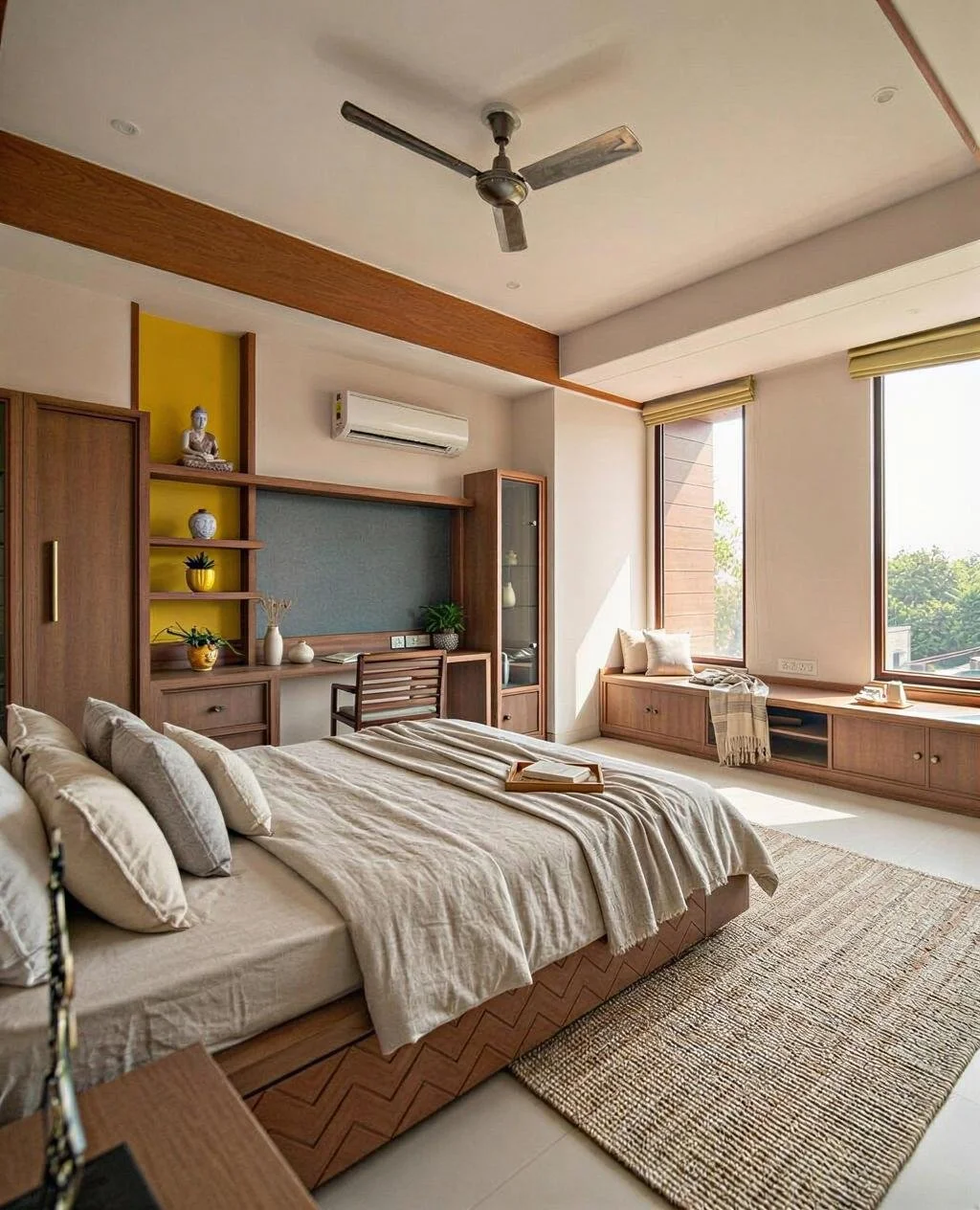 A modern bedroom with a large bed, beige bedding and pillows, a wooden desk with a chair, and a window seat with cushions. The room features wooden cabinetry, open shelves with decorative items, and large windows with yellow shades, letting in natura