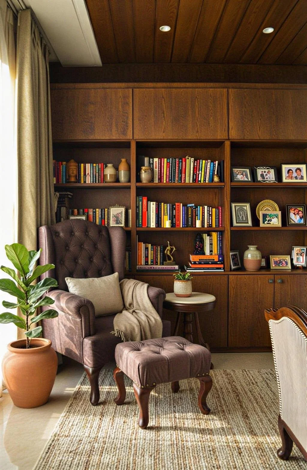 A cozy living room corner with a tufted armchair, matching ottoman, bookshelf filled with books and framed photos, a potted plant, and a side table with a small plant, all near a window with beige curtains and warm wood paneling on the ceiling and wa