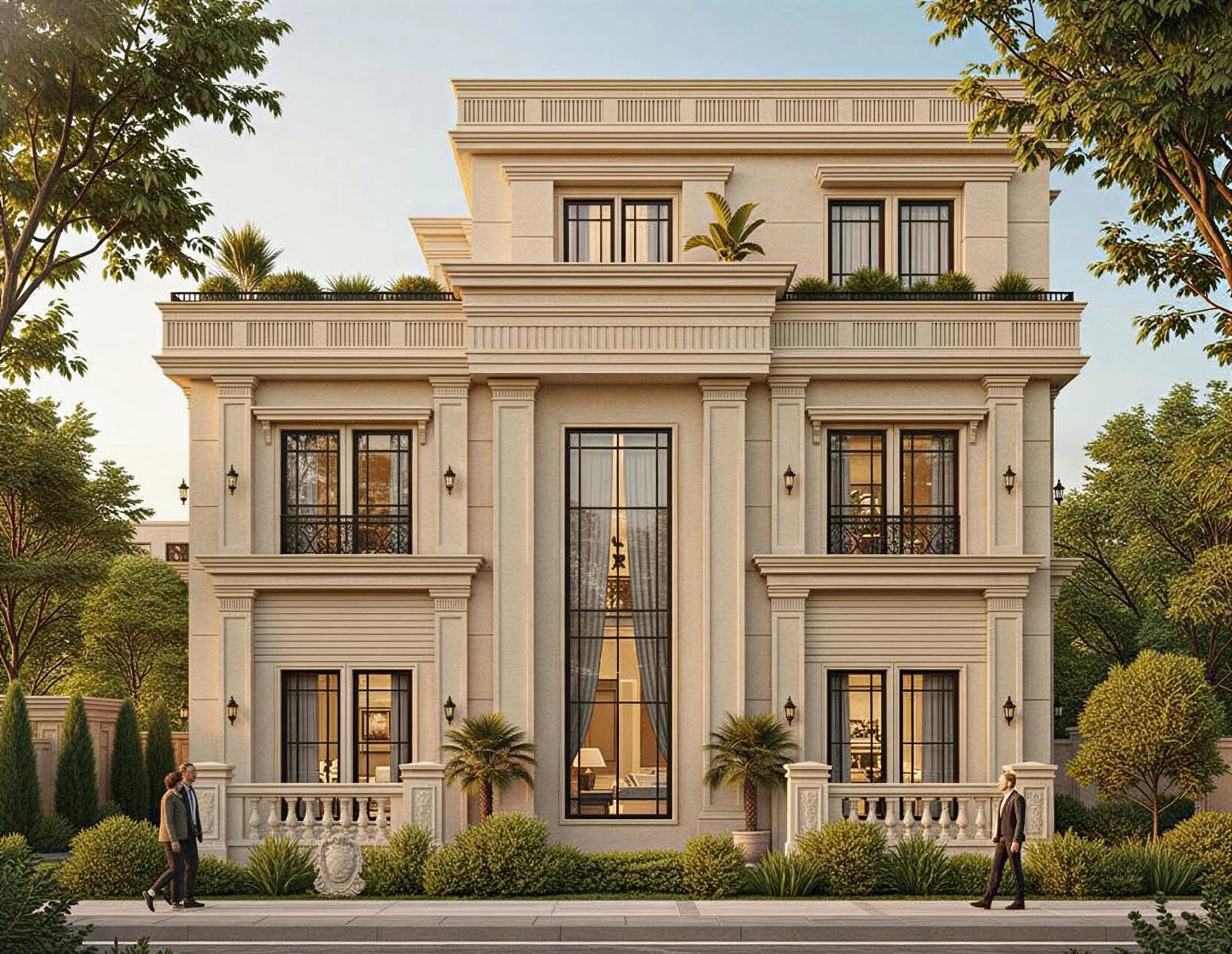 A modern, multi-story mansion with large windows, balconies with ornate railings, and lush greenery surrounding it.