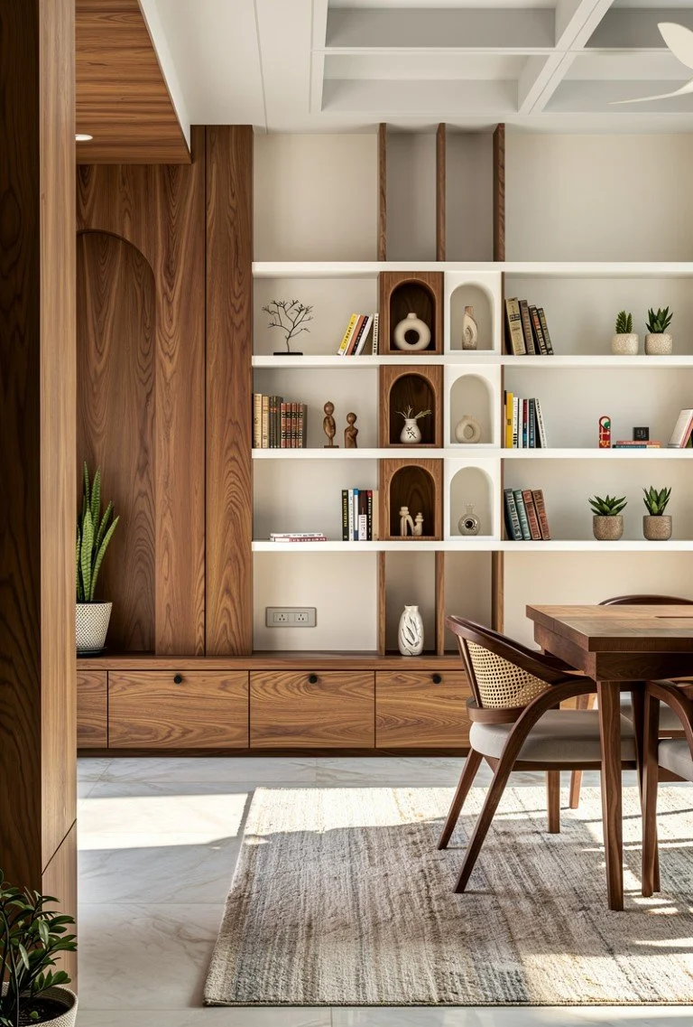 Wooden shelving unit with decorative vases, books, and small plants in a room with light-colored walls and a dining table with chairs.
