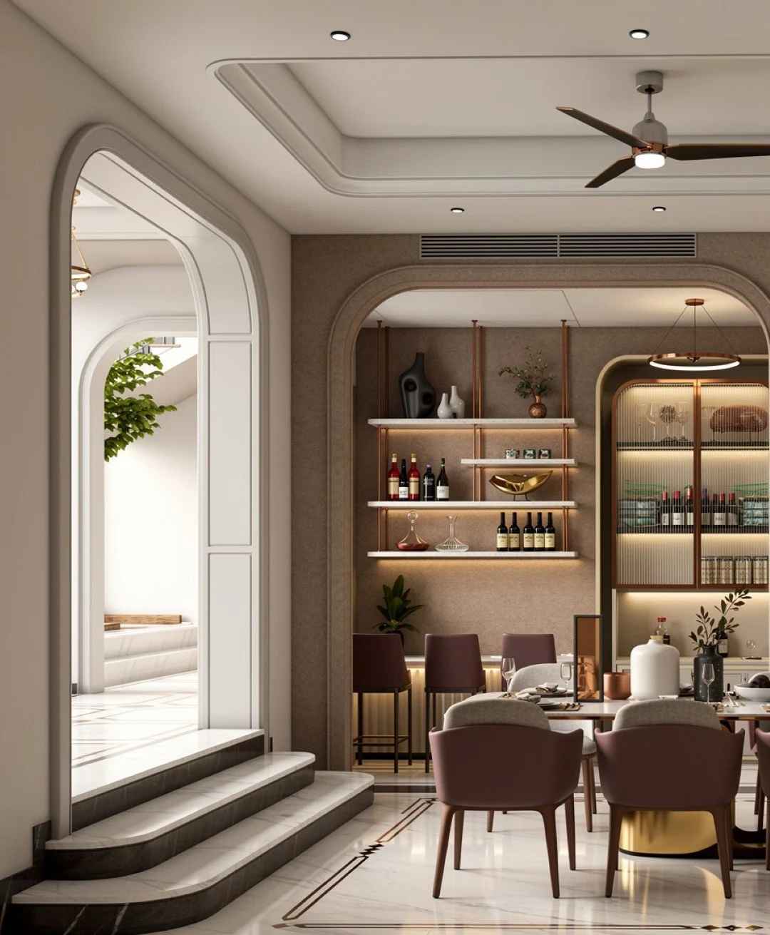 Elegant dining room with modern decor, featuring a dining table with chairs, decorative shelves with wine bottles, vases, and artwork, a ceiling fan, and stylish lighting.