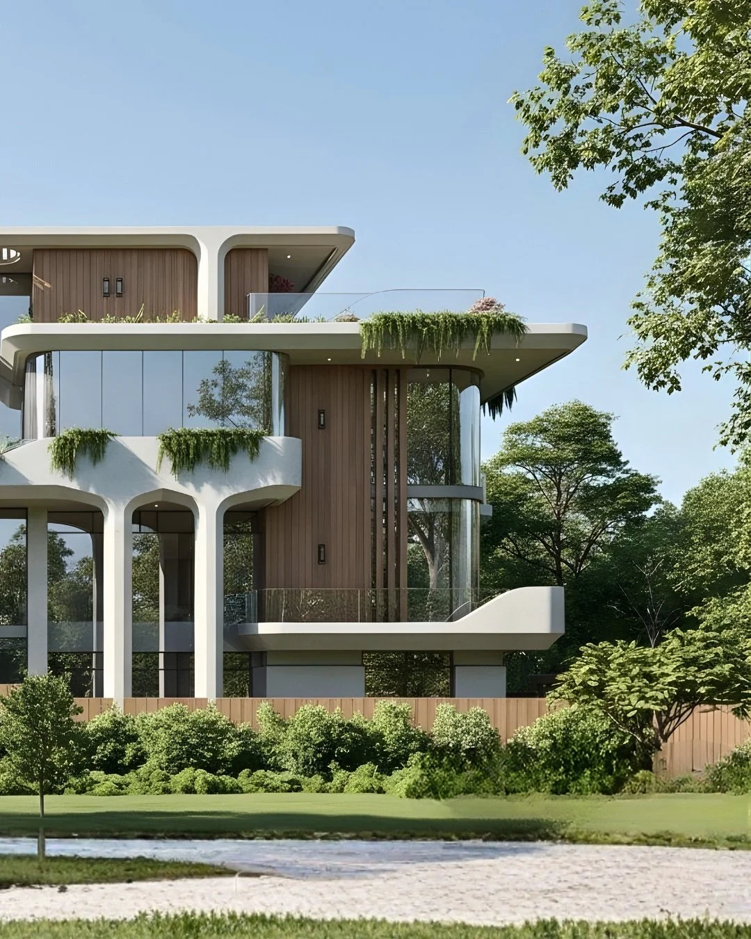 Modern multi-story house with extensive glass windows, white curved balconies, and wooden paneling, surrounded by greenery and trees.