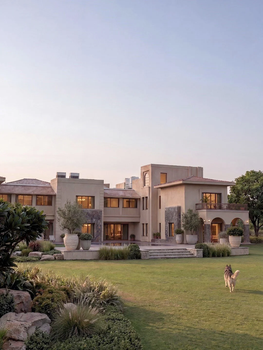A large, modern house with multiple levels and a well-maintained lawn. The house has large windows, potted plants, and a stone pathway leading to the entrance. A dog is walking on the lawn towards the house.