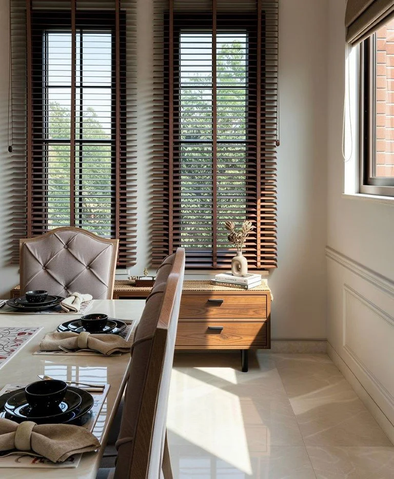 A cozy dining area with a modern table set with black dishes and beige napkins, beige upholstered chairs, a wooden side table with a white vase and books, large window with wooden blinds, and sunlight casting shadows on the tiled floor.