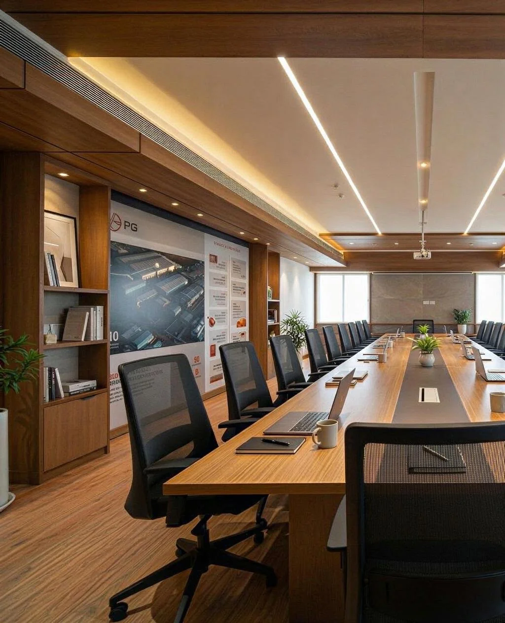 A modern conference room with a long wooden table surrounded by black office chairs, laptops, notebooks, and mugs. The room has large windows, wooden ceiling panels with LED lighting, and built-in bookshelves with books and plants.