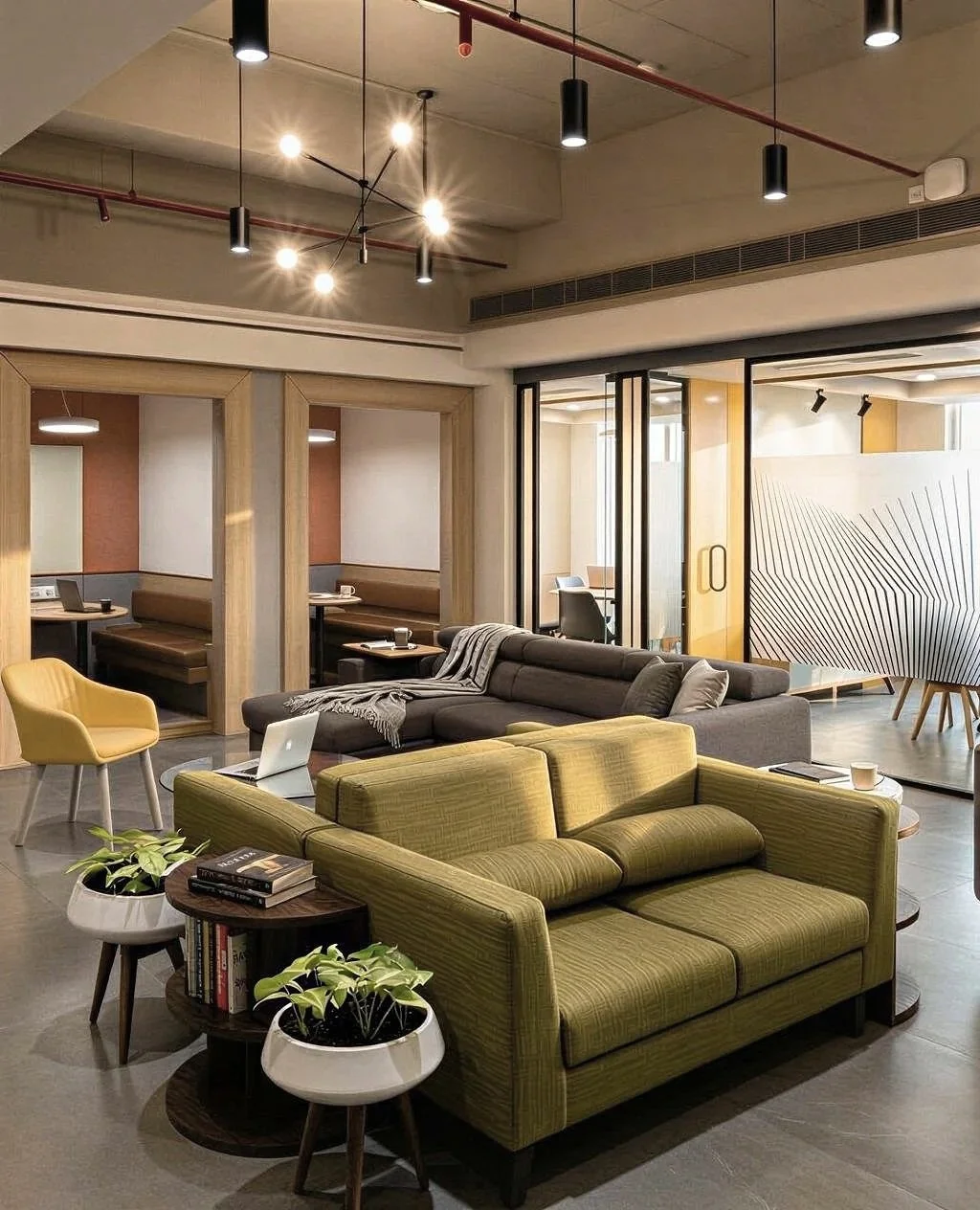 Modern office lounge with green and gray sofas, yellow chairs, plants, and a mix of pendant and track lighting. Cozy seating areas are separated by wooden frames and glass partitions.
