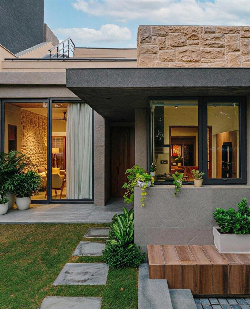 Modern house with large glass windows, potted plants outside, and cozy interior lighting visible through the windows.