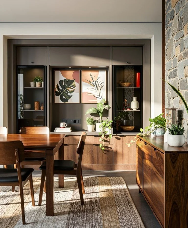 A dining room with a wooden table and chairs, a wooden sideboard with decorative items and plants, and a wall with built-in shelves and colorful artwork featuring botanical themes.