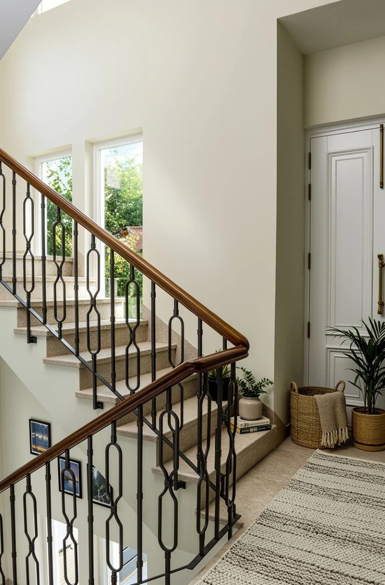 Interior view of a staircase with a wooden handrail, beige carpet, large windows, and decorative plants near a white door.