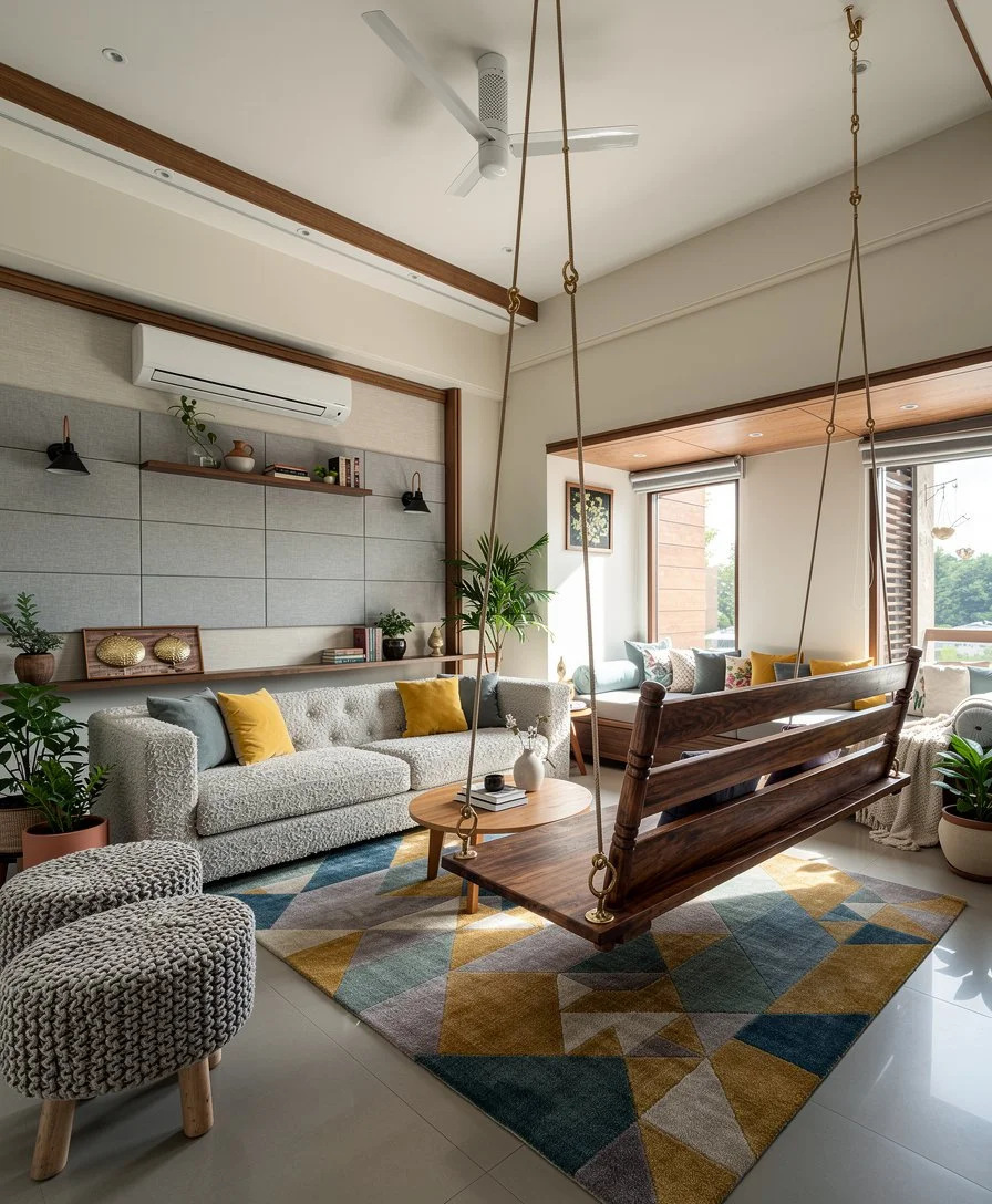 Living room with a hanging wooden swing, gray sofa with yellow and blue pillows, patterned area rug, potted plants, window seat, and large window letting in natural light.