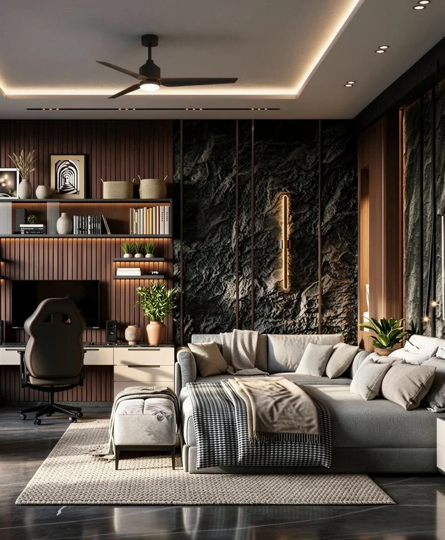 Modern living room with a gray sofa, patterned throw blankets, and pillows, set on a beige rug. There are plants, a dark wood bookcase, and a black textured wall with a vertical light fixture. A black ceiling fan is on the white ceiling.
