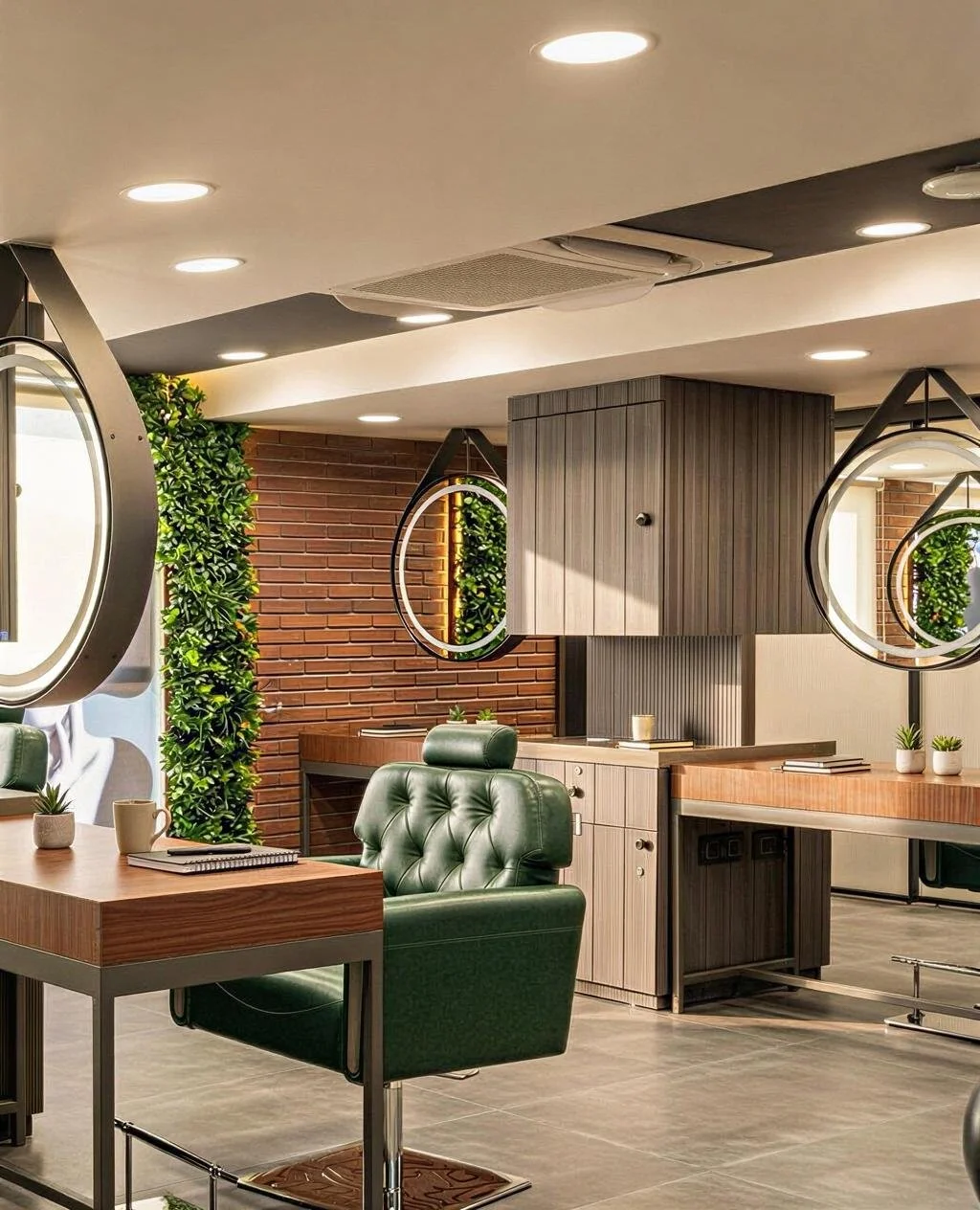 Modern office space with green leather chair, wooden desks, oval mirrors, brick wall, green plants, and ceiling lights.