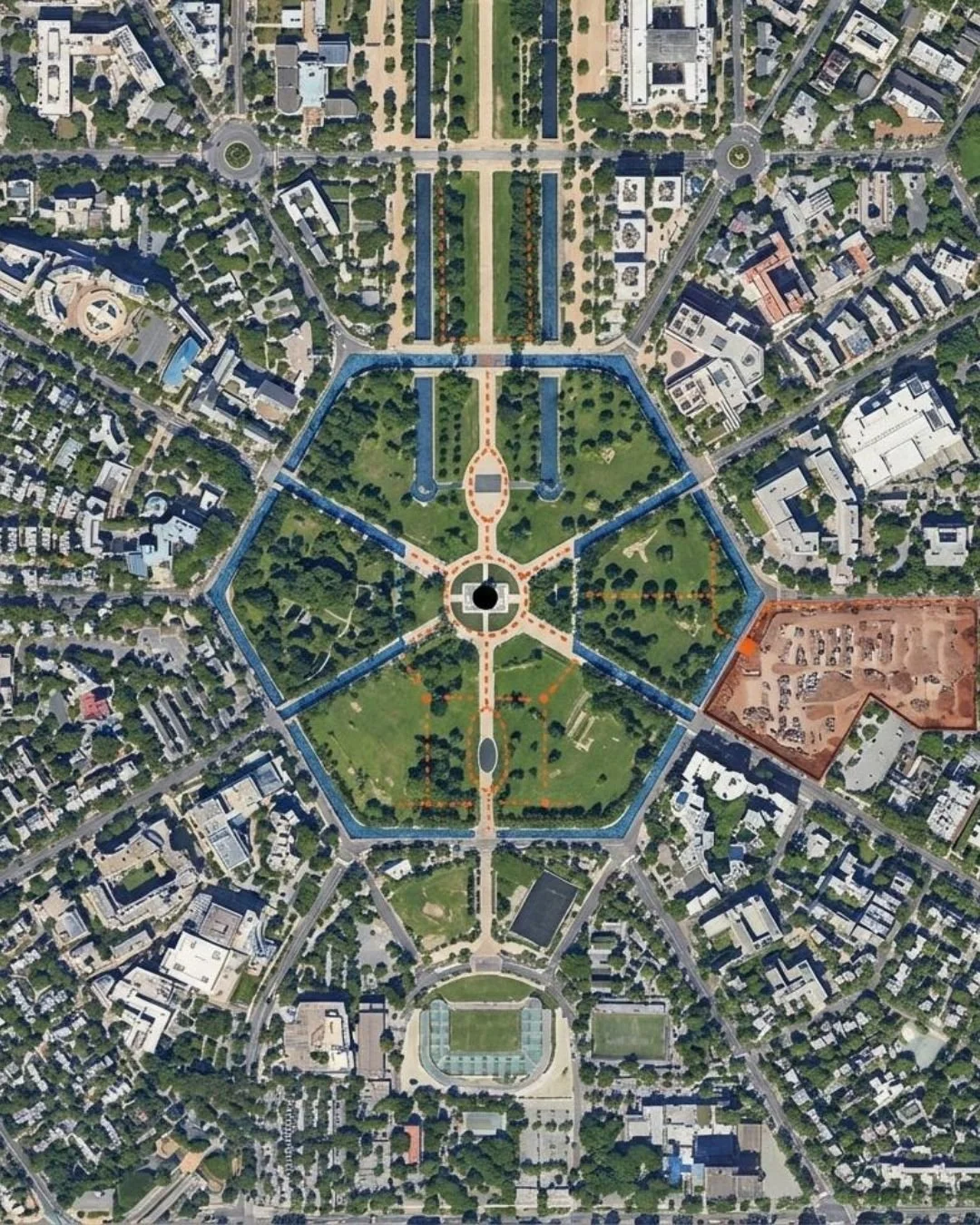Aerial view of a large city park with pathways, green lawns, and trees, surrounded by urban buildings and residential areas.