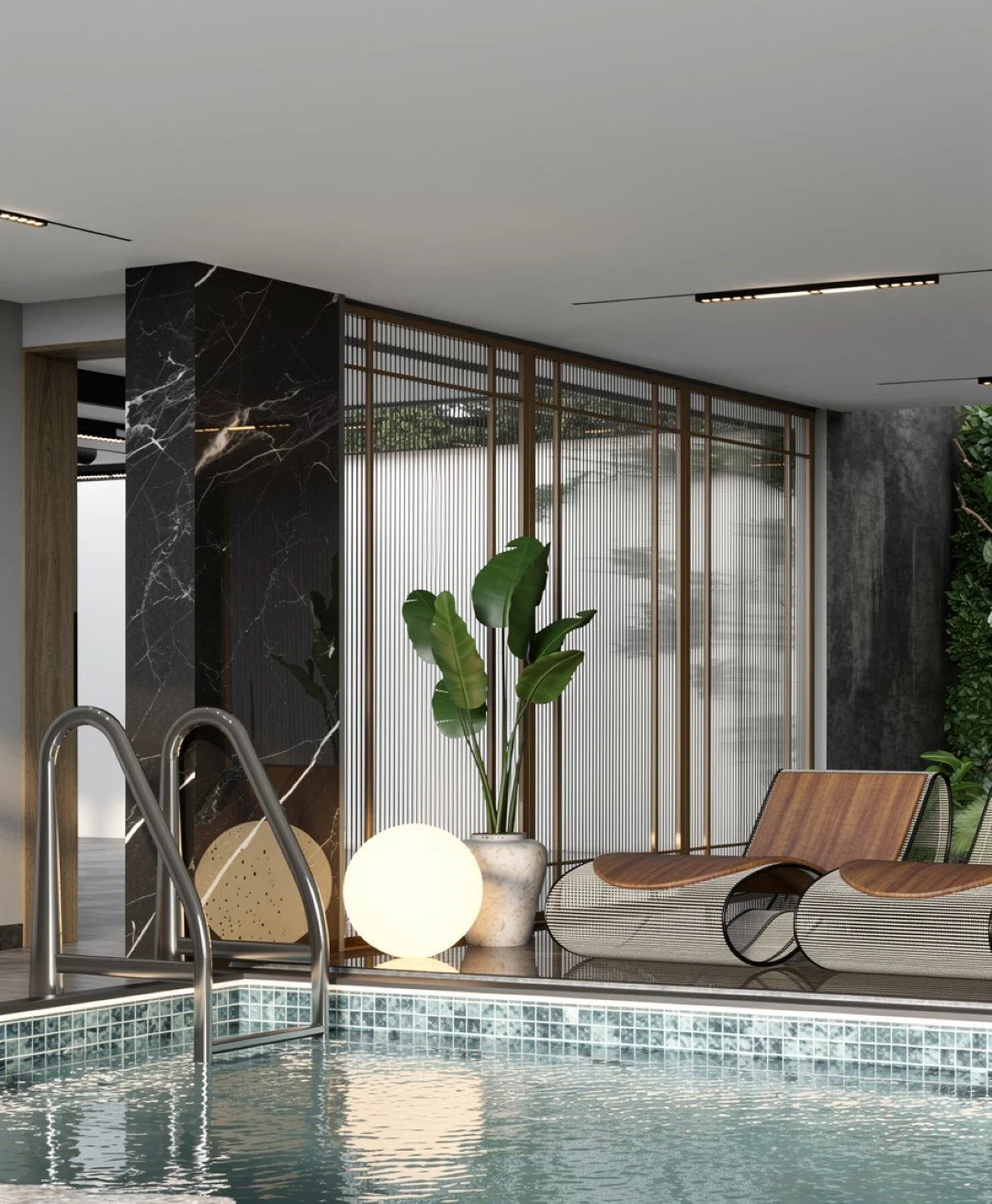 Indoor swimming pool area with a black marble pillar, a glowing round lamp, green houseplant, and modern lounge chairs.