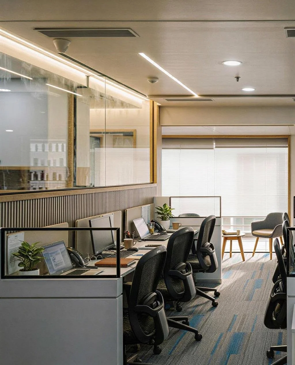 Office workspace with cubicles, computers, chairs, and coffee mugs, near large window blinds