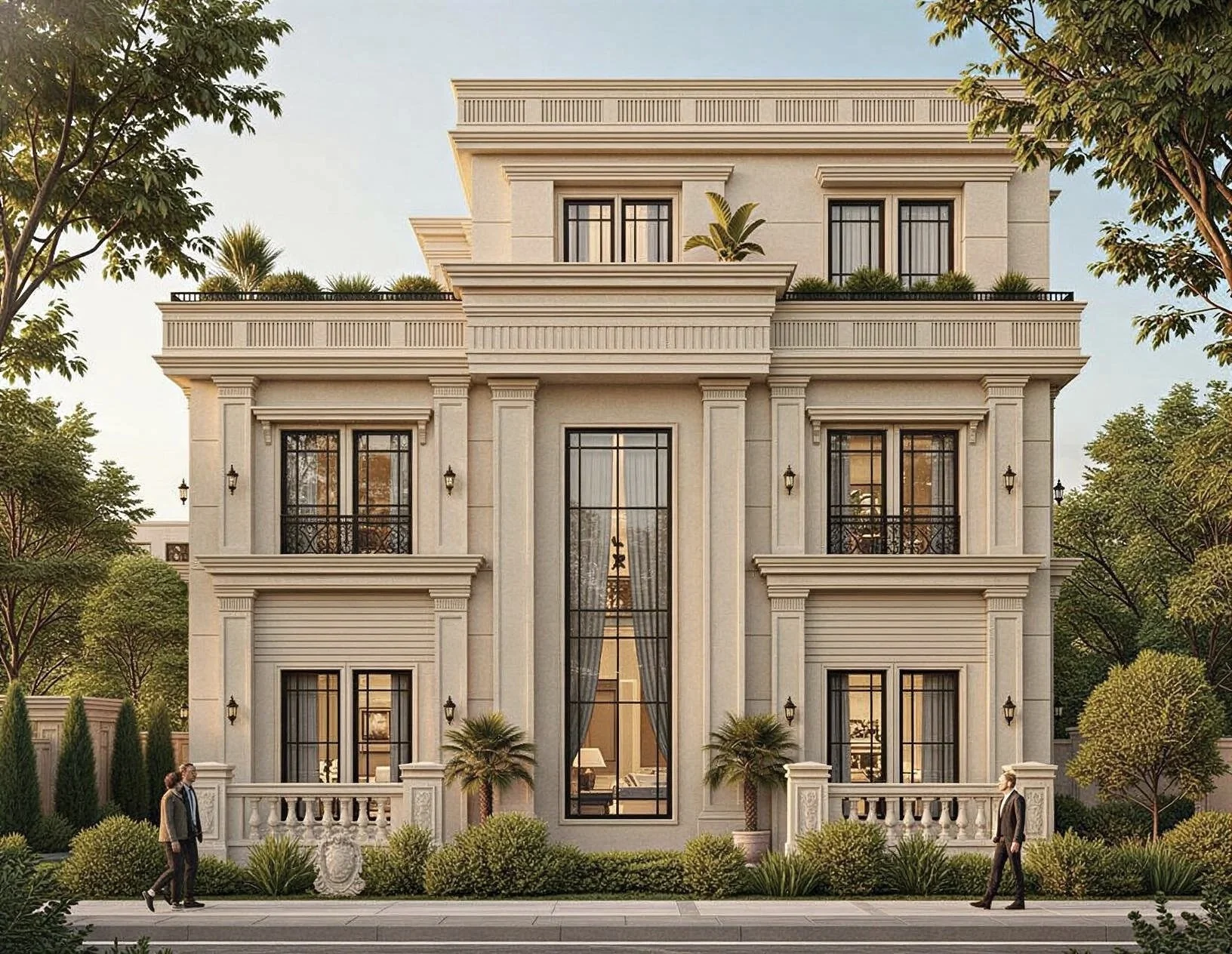 A modern, multi-story mansion with large windows, balconies with ornate railings, and lush greenery surrounding it.