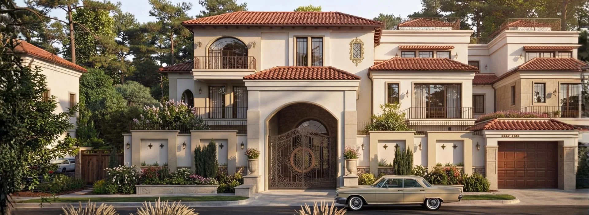 A large, white Mediterranean-style mansion with a red-tiled roof, metal balconies, and ornate gate, surrounded by lush greenery, plants, and trees, with a vintage beige car parked in front.