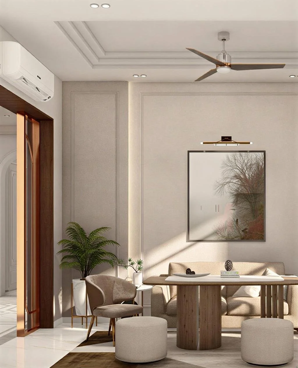 Modern living room with beige walls, a ceiling fan, a wall-mounted air conditioner, a large mirror reflecting a tree outside, a beige sofa, a round wooden table, a gray armchair, an ottoman, and green plants.